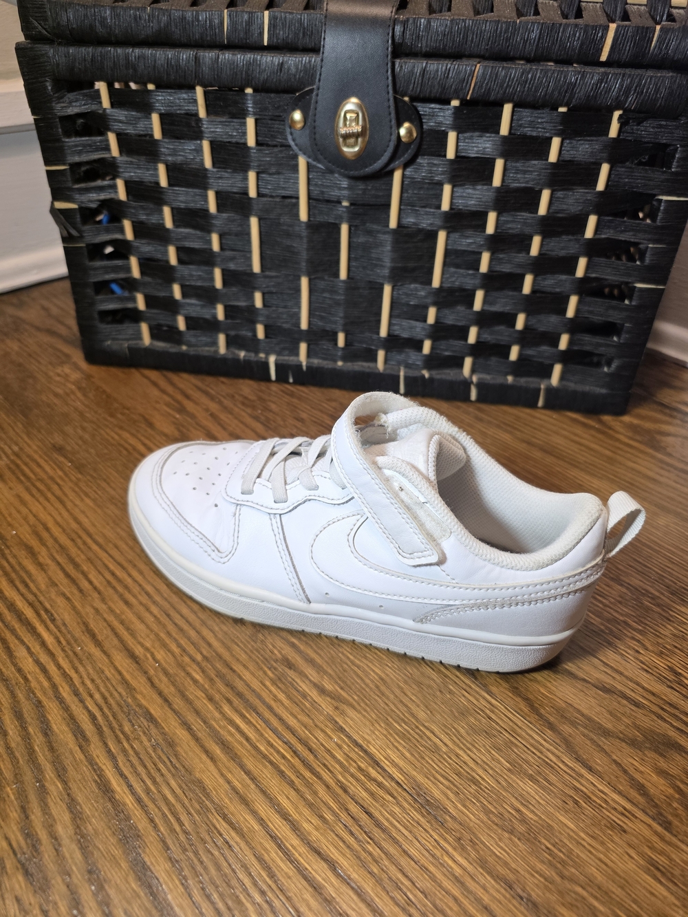 Kids Nike Borough Low 2 White Athletic Sneaker with Hook-and-Loop Strap